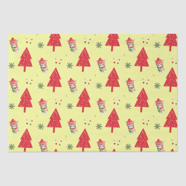 Red cat Santa Xmas tree Seamless pattern Tissue Paper (Front)