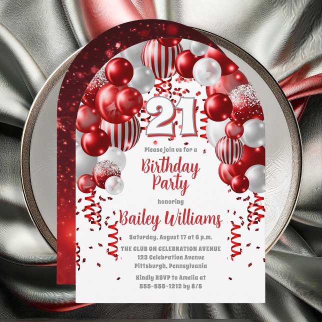 Red Celebration Balloons 21st Birthday Party Invitation (Red | Silver Balloons "21" 21st Birthday Party Invitations - Print and/or Download Available)