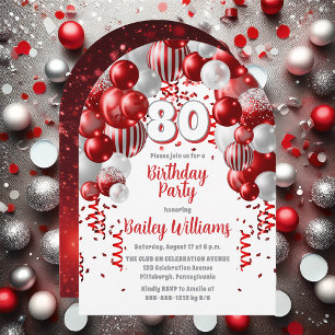 Red Celebration Balloons 80th Birthday Party Invitation
