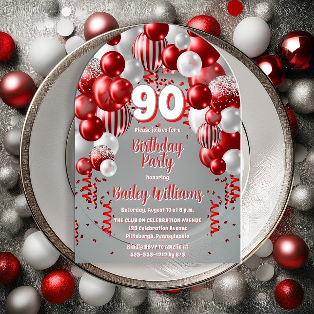 Red Celebration Balloons 90th Birthday Party Acrylic Invitations (Red, Silver Tone and White  Celebration Balloons "90" 90th Birthday Party Acrylic Invitation)