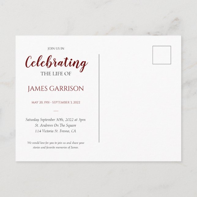 Red Celebration of Life With Photo Memorial Postcard (Back)