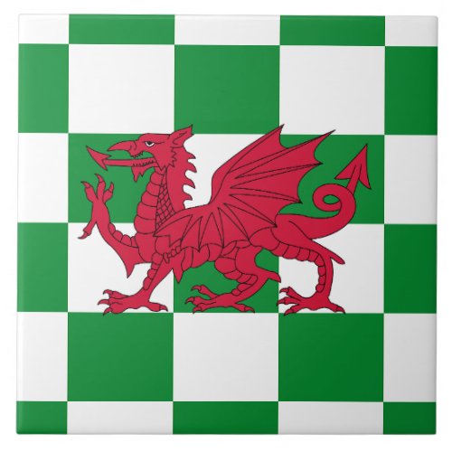 Red Celtic Dragon Flag Chequered Mystical Creature Ceramic Tile