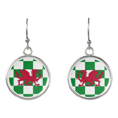 Red Celtic Dragon Flag Chequered Mystical Creature Earrings