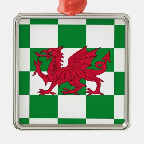 Red Celtic Dragon Flag Chequered Mystical Creature Metal Ornament