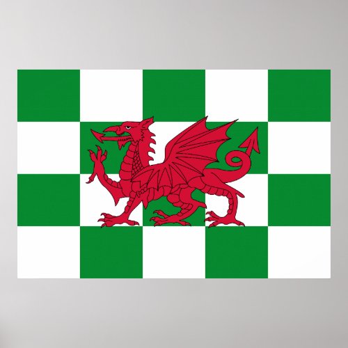 Red Celtic Dragon Flag Chequered Mystical Creature Poster