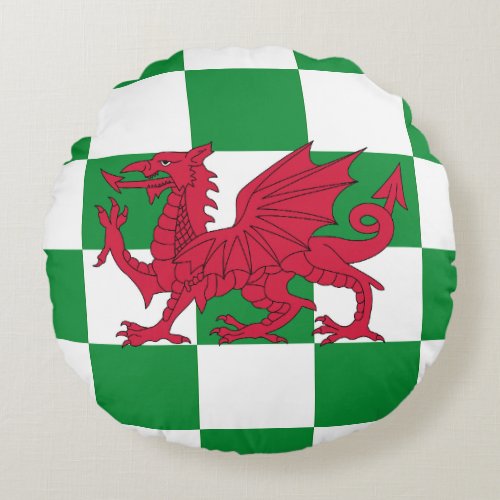 Red Celtic Dragon Flag Chequered Mystical Creature Round Pillow