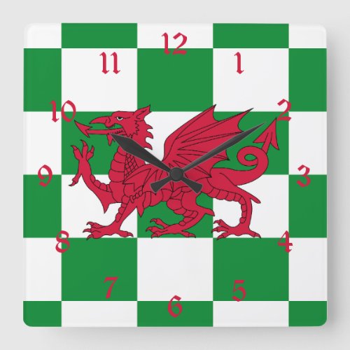 Red Celtic Dragon Flag Chequered Mystical Creature Square Wall Clock