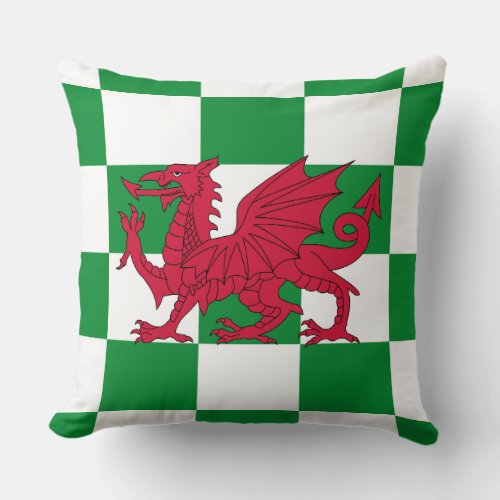 Red Celtic Dragon Flag Chequered Mystical Creature Throw Pillow