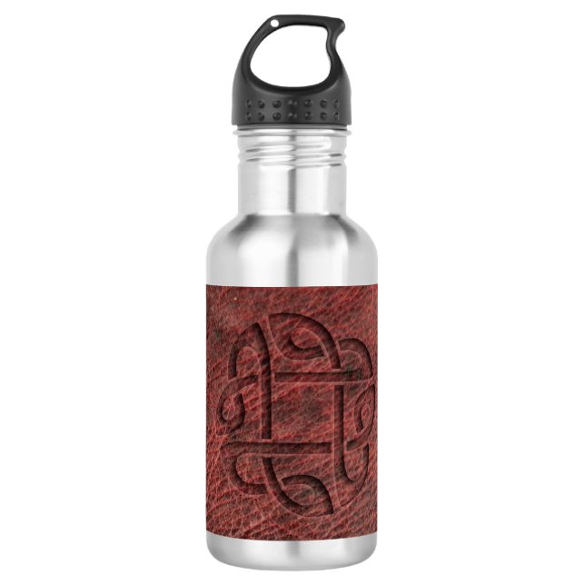 Red celtic knot embossed on leather water bottle (Front)
