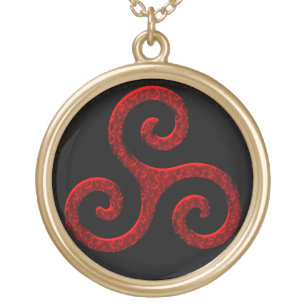 Red Celtic Triskel Triple Spiral in Black and Gold Gold Plated Necklace