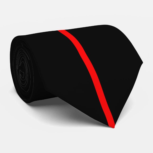 Red Centered Thin Vertical Line on Black Neck Tie (Rolled)