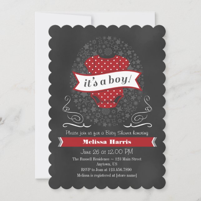 Red Chalkboard Boy Baby Shower Invite (Front)