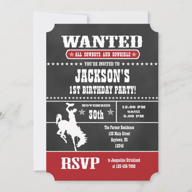 Red Chalkboard Cowboy Birthday Invitation (Front)