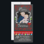 Red Chalkboard Merry Christmas Holiday Photo Card<br><div class="desc">Merry Christmas holiday photo cards with a chalkboard look background, lots of red swirls and text that reads Merry Christmas, a string of colorful tree lights in various colors, red and green hanging ornaments, and areas you can customize these beautiful and bright holiday photo cards with your photo and names!...</div>