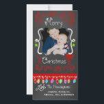 Red Chalkboard Merry Christmas Holiday Photo Card<br><div class="desc">Merry Christmas holiday photo cards with a chalkboard look background, lots of red swirls and text that reads Merry Christmas, a string of colorful tree lights in various colors, red and green hanging ornaments, and areas you can customize these beautiful and bright holiday photo cards with your photo and names!...</div>