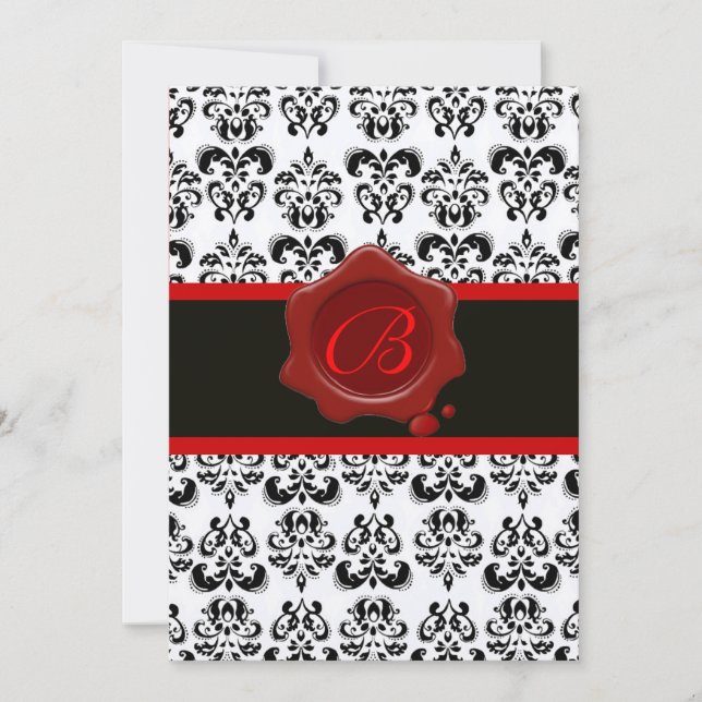 RED, CHAMPAGNE AND BLACK DAMASK ,WAX SEAL MONOGRAM INVITATION (Front)