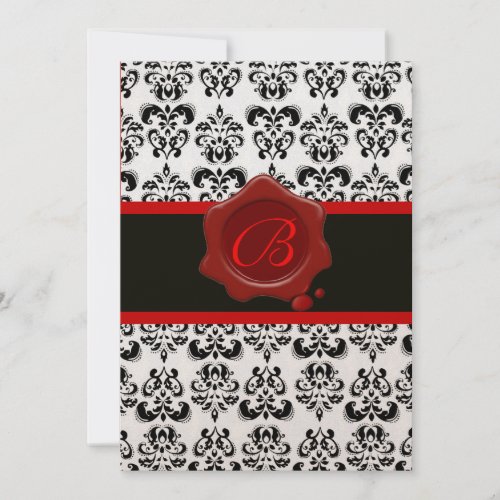 RED CHAMPAGNE AND BLACK DAMASK WAX SEAL MONOGRAM INVITATION