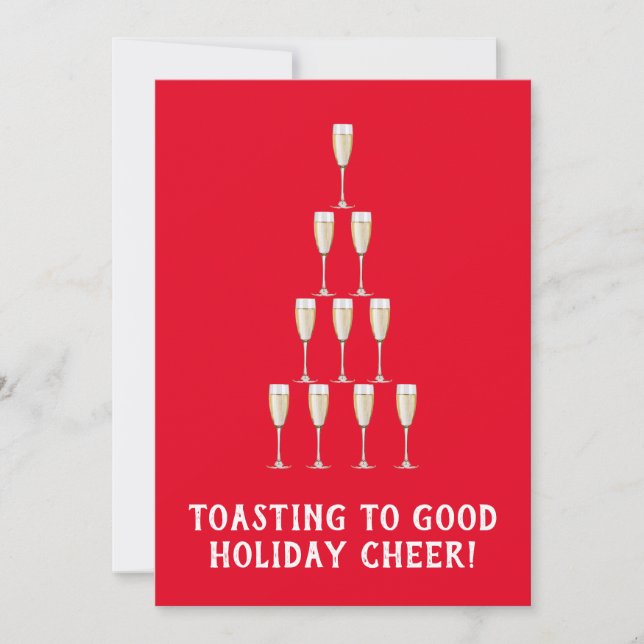 Red Champagne Toast Cheers Merry Christmas Tree Holiday Card (Front)