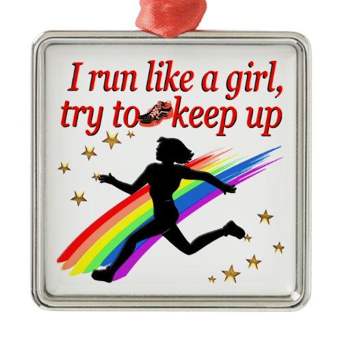 RED CHAMPION GIRL TRACK AND FIELD DESIGN METAL ORNAMENT