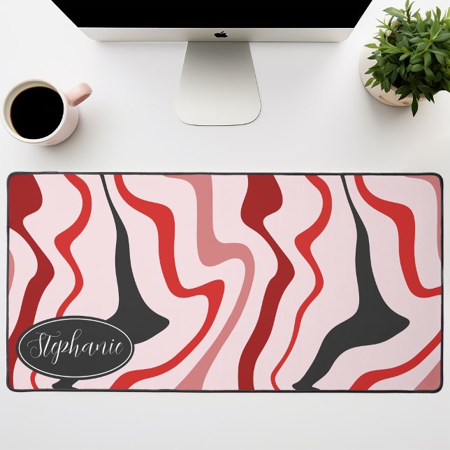 Red, Charcoal Gray, And Blush Retro Groovy Waves Desk Mat (Creator Uploaded)