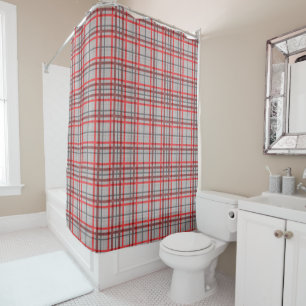 Red & Charcoal Plaid Stripes on Gray Madras Plaid Shower Curtain
