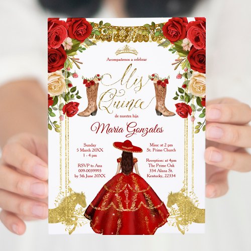 Red Charro Dress and boots Mexican Mis Quince Invitation