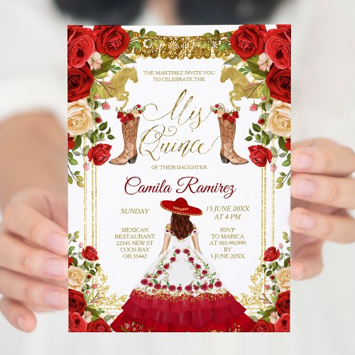 Red Charro Dress  Mexican Boots Girl Sweet 15th Invitation