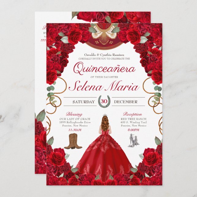 Red Charro Elegant Peonies Roses Quinceanera Invitation (Front/Back)