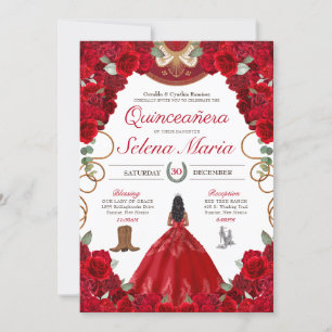 Red Charro Elegant Roses Quinceanera Invitation