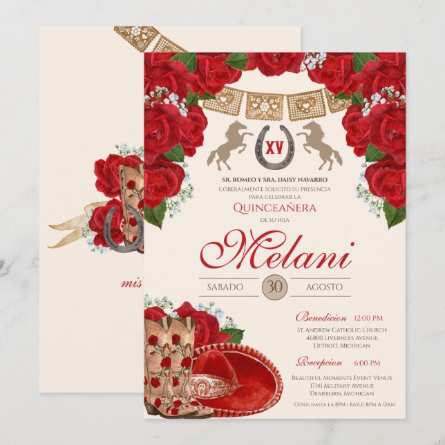 Red Charro Mariachi Quinceanera Fiesta  Invitation (Front/Back)