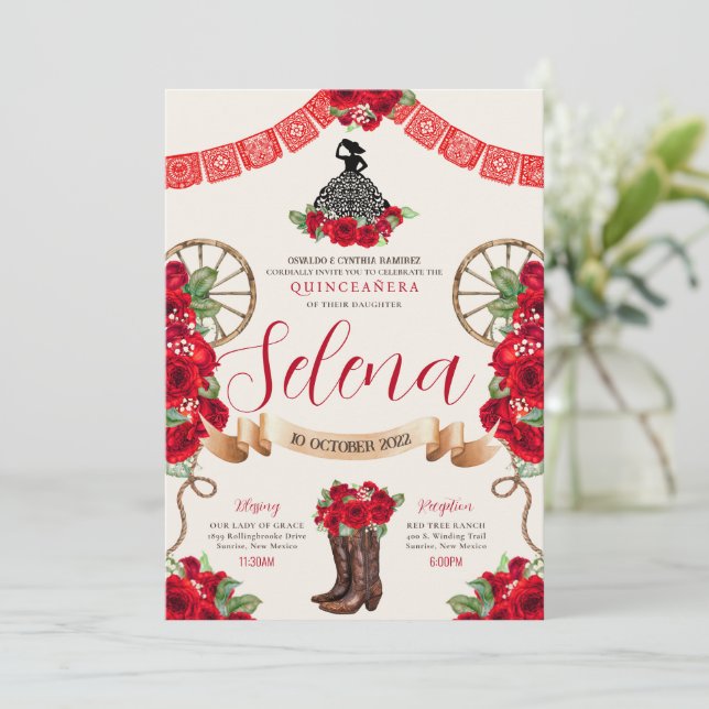 Red Charro Quinceanera Papel Picado Western Rose Invitation (Standing Front)