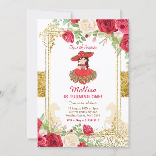 Red Charro Roses and Gold Mexican Birthday  Invitation