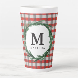 Red check and watercolour initial wreath Christmas Latte Mug