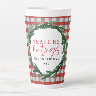 Red check and watercolour wreath Christmas Latte Mug