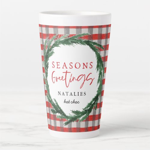 Red check and watercolour wreath Christmas Latte Mug
