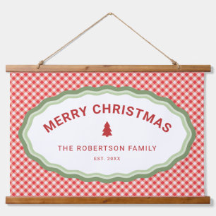 Red Check Gingham Merry Christmas Personalized Hanging Tapestry