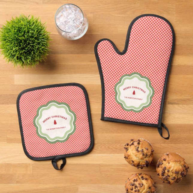Red Check Gingham Merry Christmas Personalized Oven Mitt & Pot Holder Set (Top Down)