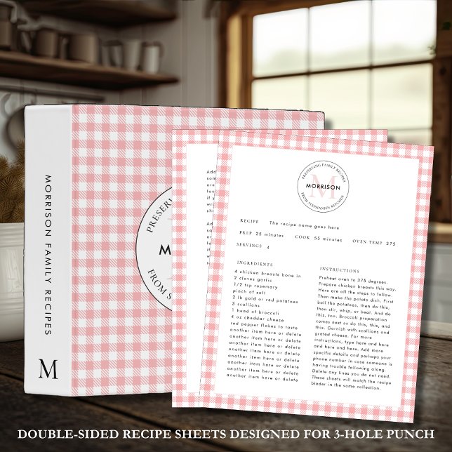 Red Check Gingham Monogram Family Recipe Sheet (Preserving Family Recipes Double-Sided Red Check Recipe Sheets Designed for 3-Hole Punch)