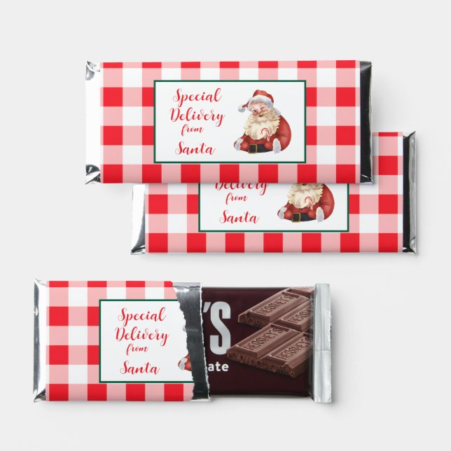 Red Check Gingham Special Delivery Santa  Hershey Bar Favors (Front)