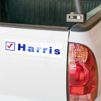 Red check in blue box for Harris bumper stickers