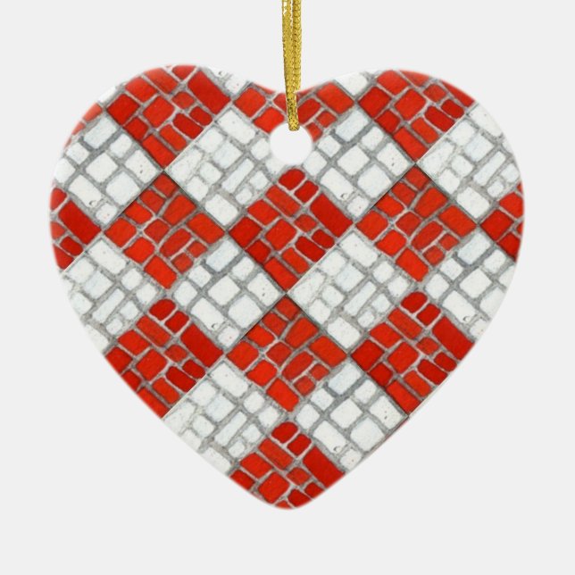 RED CHECK MOSAIC Ceramic Heart Ornament (Front)
