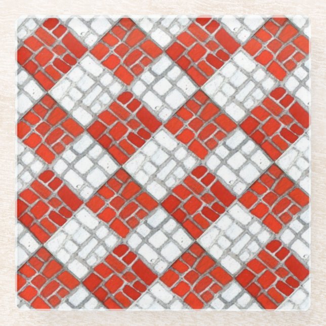 RED CHECK MOSAIC Glass Drink Coaster (Front)