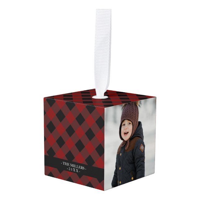 Red check plaid Christmas Photo Cube Ornament (Front Angled)