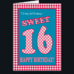 Red Check Polkas Sweet 16th Birthday, Girlfriend<br><div class="desc">A Sweet 16th Birthday Card for a Girlfriend,  with a pretty,  retro feel. The letters,  numbers and border are in red and white check gingham and polka dots on a denim blue background. You can change the inside message if you wish.</div>
