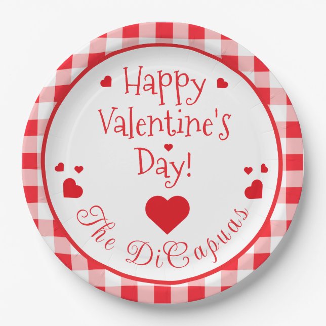 Red Check Red Hearts Whimsical Valentine's Day Paper Plates (Front)