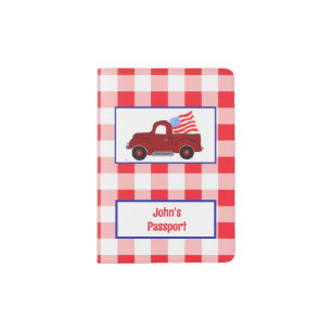 Red Check Retro Vintage Truck American Flag NAME Passport Holder