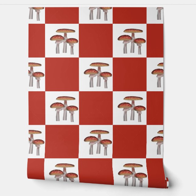 Red check with mushroom wallpaper  (Unrolling)