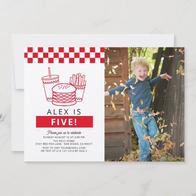 Red Checker Hamburger Photo 5th Birthday Invitation (Front)