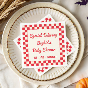 Red Checkerboard Special Delivery Baby Shower Napkins