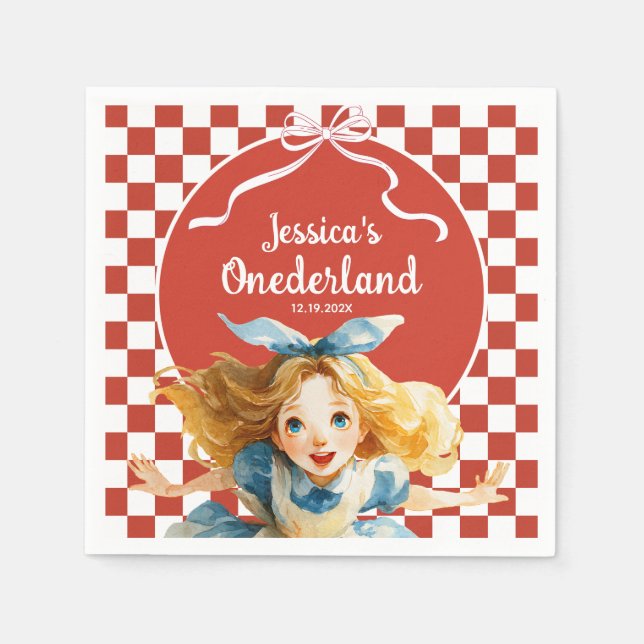 Red Checkered Alice in ONEDERLAND 1st Birthday Napkins (Front)